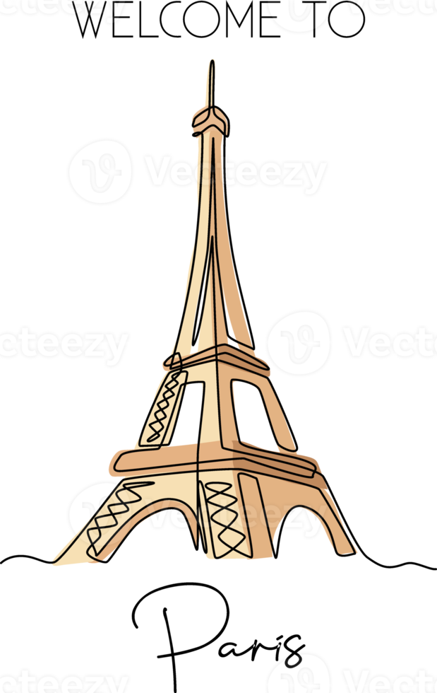 Dibujo de una sola línea del póster de decoración de pared emblemática de la torre Eiffel. lugar icónico en parís, francia. concepto de postal de saludo de turismo y viajes. Ilustración de vector de diseño de dibujo de línea continua moderna png