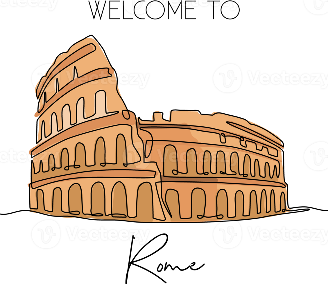 Single continuous line drawing Colosseum amphitheater. Iconic landmark place in Rome, Italy. World travel home decor wall art poster print concept. Modern one line draw design vector illustration png