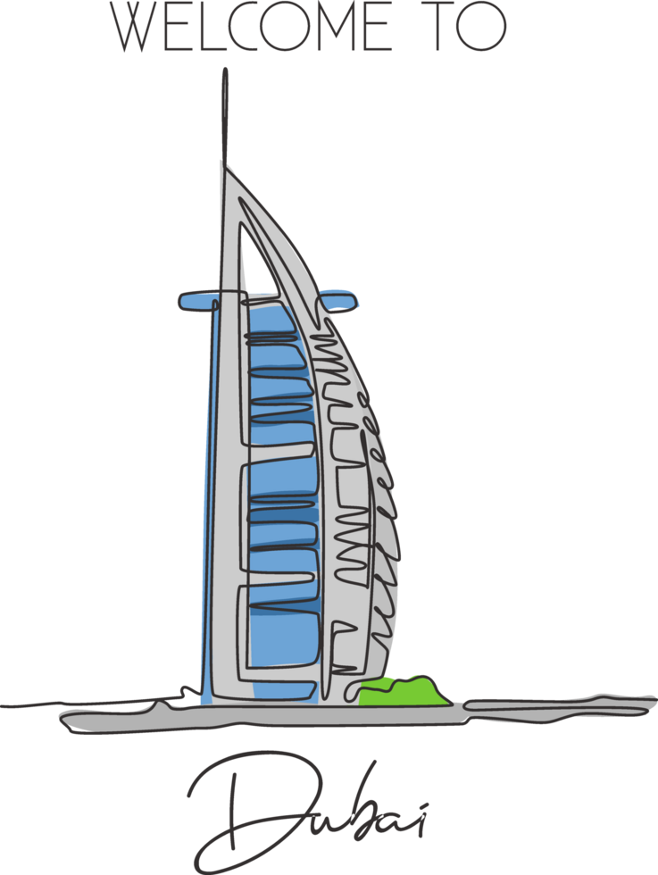 een single lijn tekening burj al Arabisch mijlpaal. wereld iconisch beroemd plaats in dubai, vae. toerisme reizen ansichtkaart en huis decor muur kunst concept. vector illustratie png