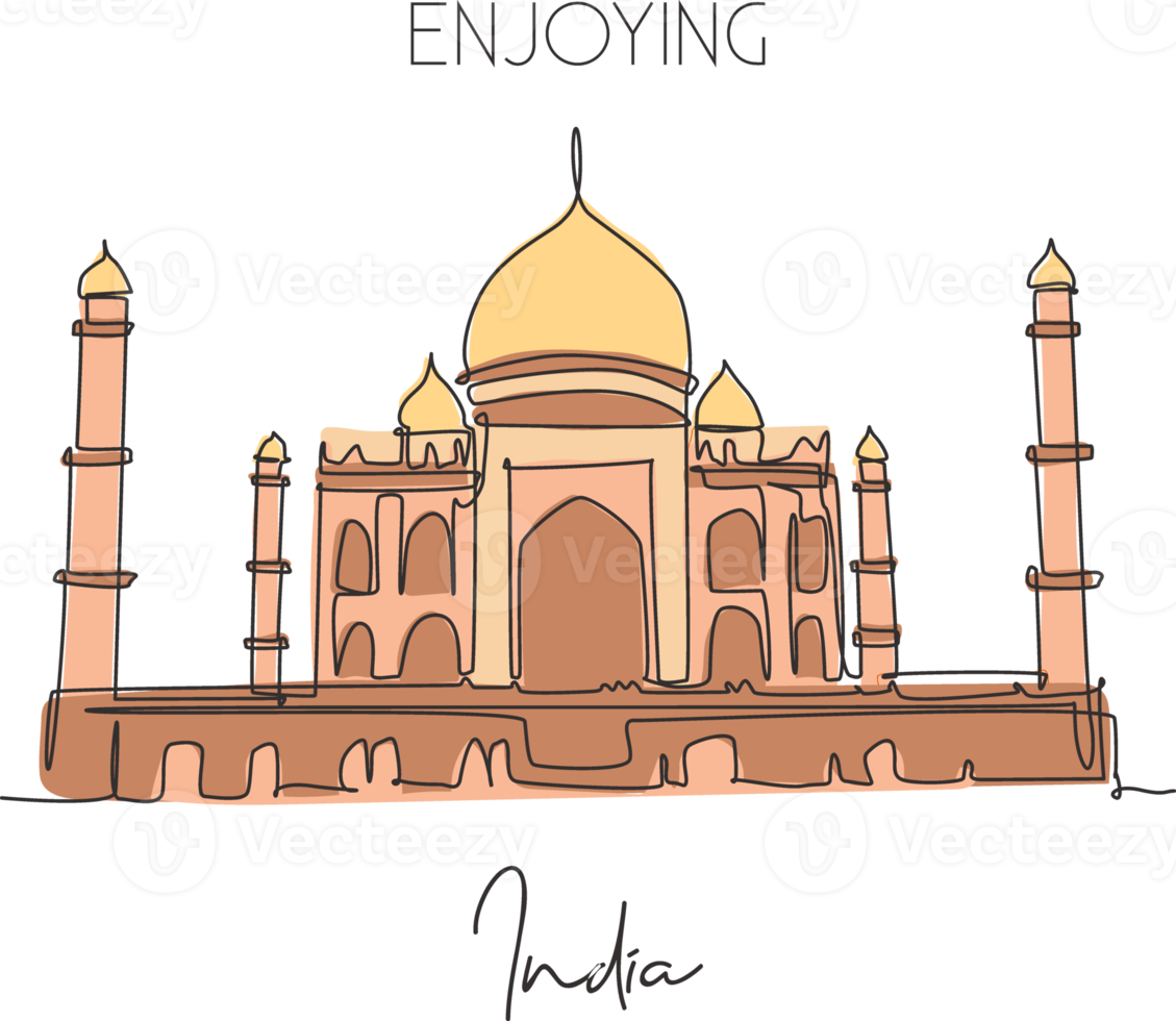 dessin en ligne continue unique point de repère du palais du taj mahal. lieu célèbre de beauté à agra, en inde. concept d'impression d'affiche d'art de décor de mur de maison de voyage du monde. illustration vectorielle de dessin à une ligne moderne png