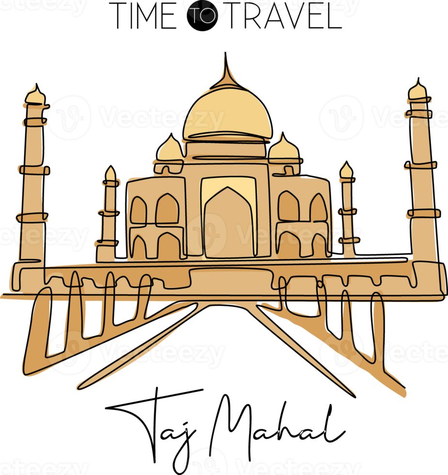 único desenho de linha contínua taj mahal marco. lugar icônico de beleza histórica em agra, índia. conceito de impressão de pôster de arte de parede de decoração de casa de viagem mundial. ilustração em vetor design de desenho de uma linha moderna png