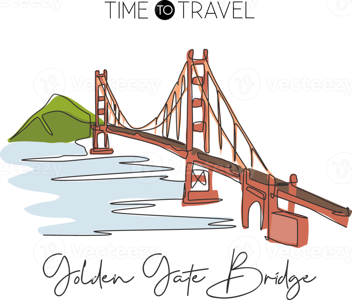 en kontinuerlig linje ritning golden gate bridge landmärke. ikonisk plats i san francisco usa. semester väggdekor hem konst affisch print koncept. moderna en rad rita design vektorgrafisk illustration png