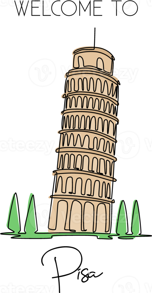 Single one line drawing of lean Pisa Tower. Beautiful historical iconic place in Piazza del Duomo. Postcard and home decor wall art poster print. Modern continuous line draw design vector illustration png