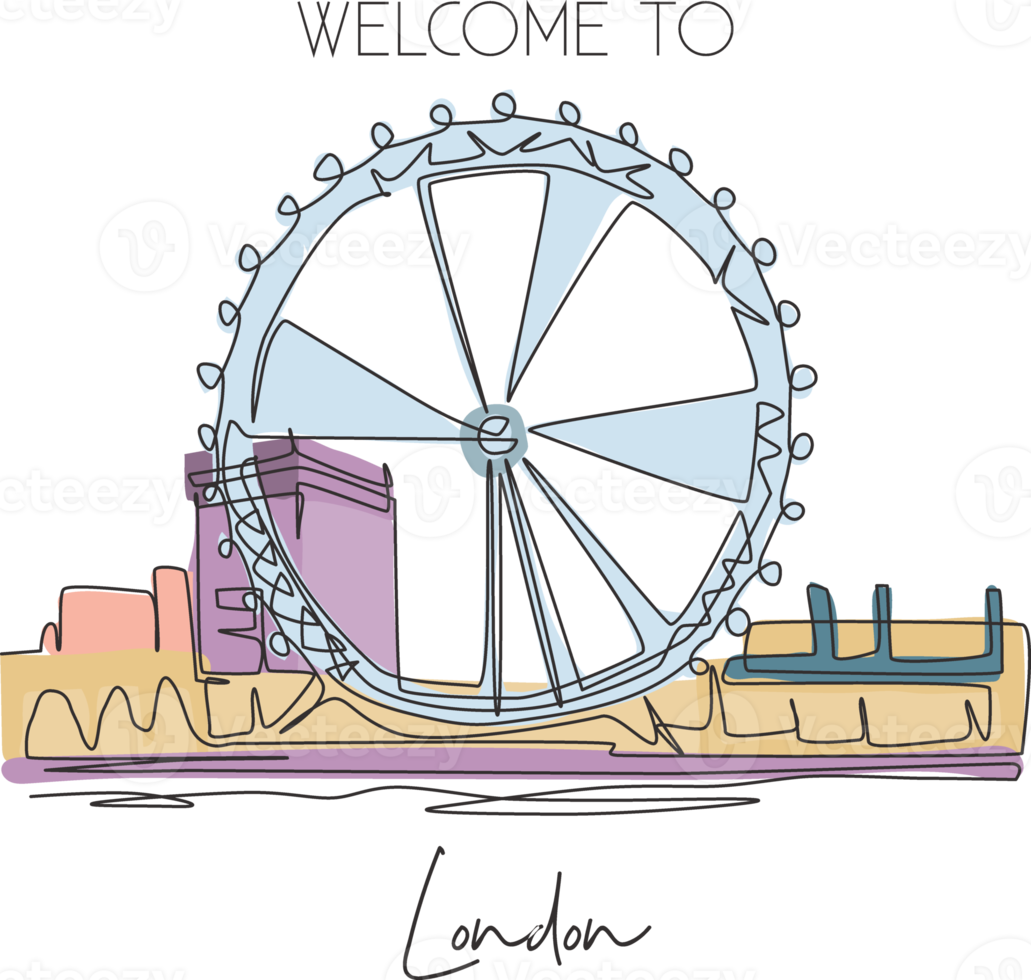 Single continuous line drawing London Eye ferris wheel landmark. Famous place in London England. World travel wall decor home art poster concept. Vector illustration png