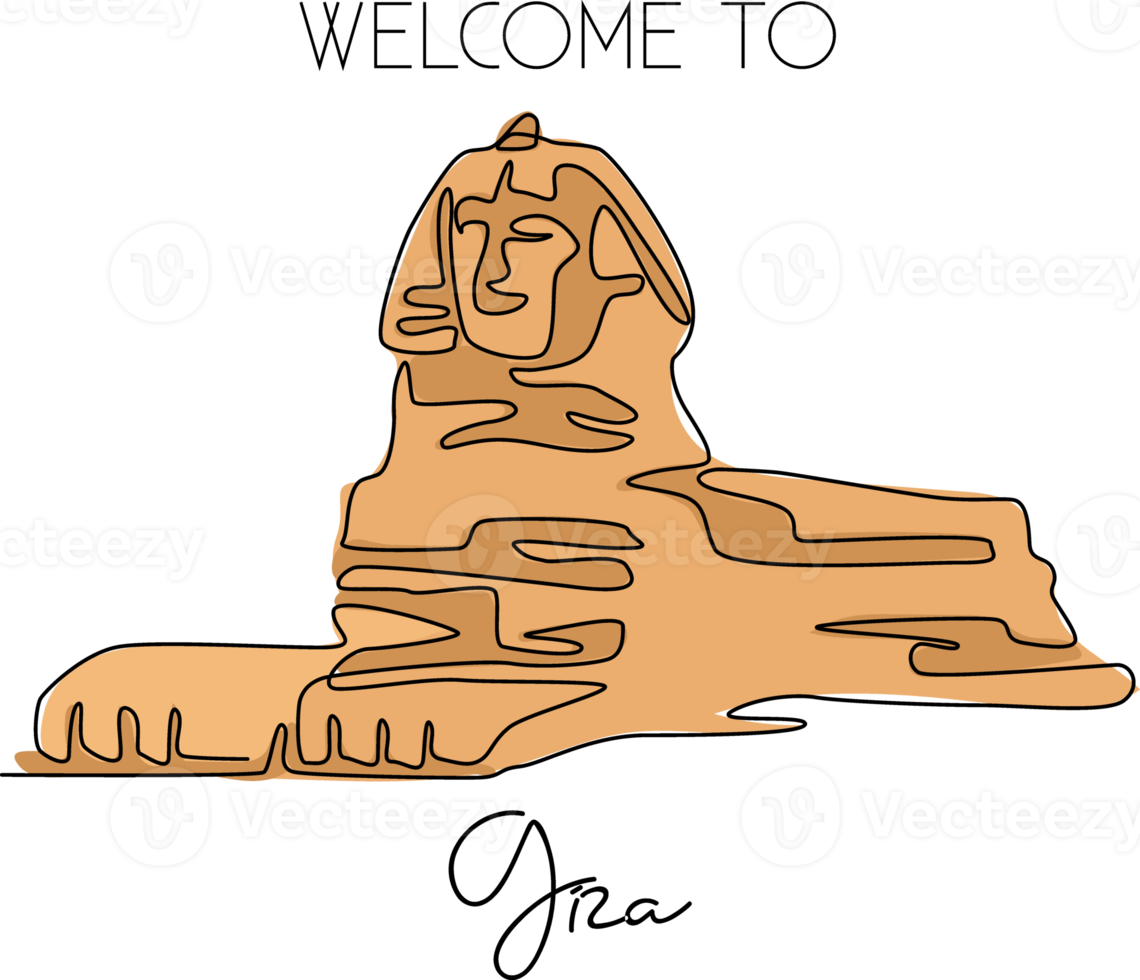 en kontinuerlig linjeteckning av stor sfinx. historisk grav ikonisk plats i giza, egypten. semester semester hem väggdekor konst affisch print koncept. moderna en rad rita design vektorillustration png