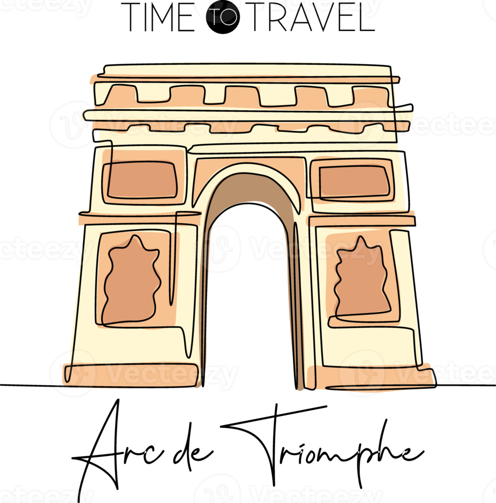 dibujo de una sola línea de bienvenida al hito del arco del triunfo. lugar icónico histórico en París. concepto de postal de felicitación de turismo y viajes. ilustración de vector de diseño de dibujo de línea continua moderna png