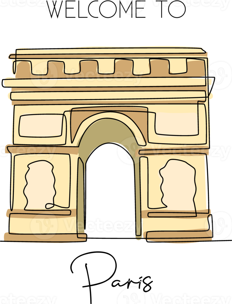 un dibujo de línea continua del arco del triunfo. lugar icónico histórico en parís, francia. concepto de arte de la impresión del cartel de la decoración del hogar de la pared de las vacaciones de vacaciones. ilustración de vector de diseño de dibujo de línea única moderna png