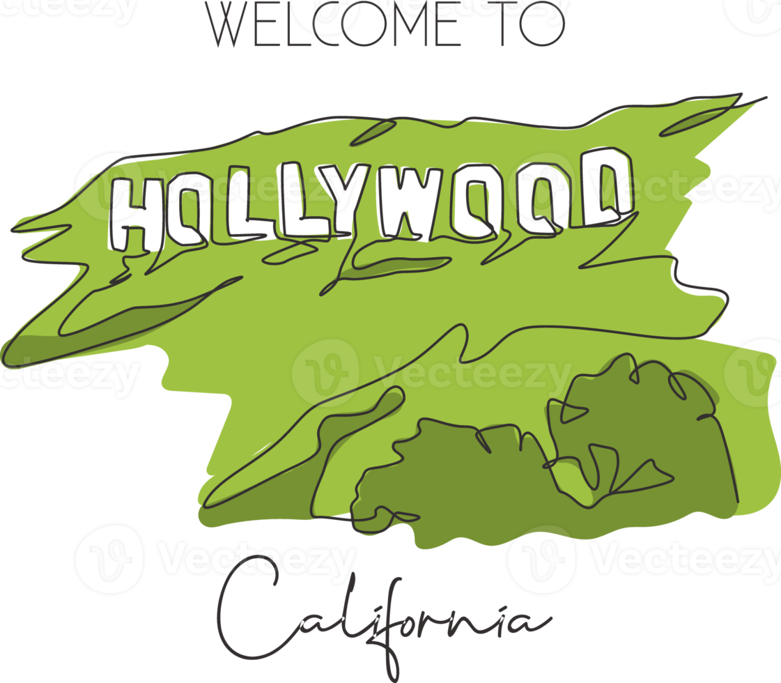 enda kontinuerlig linjeritning av hollywood tecken landmärke. berömd plats i Los Angeles, Kalifornien, USA. heminredning väggkonst affischtryck. vektor grafisk illustration png