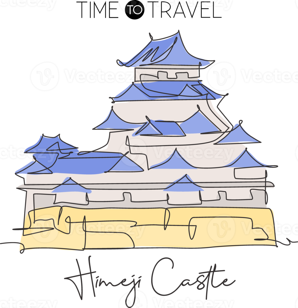 uma única linha desenhando o marco do castelo himeji. palácio icônico mundialmente famoso em himeji, japão. conceito de impressão de decoração de parede de cartão postal de viagens de turismo. ilustração em vetor design de desenho de linha contínua moderna png