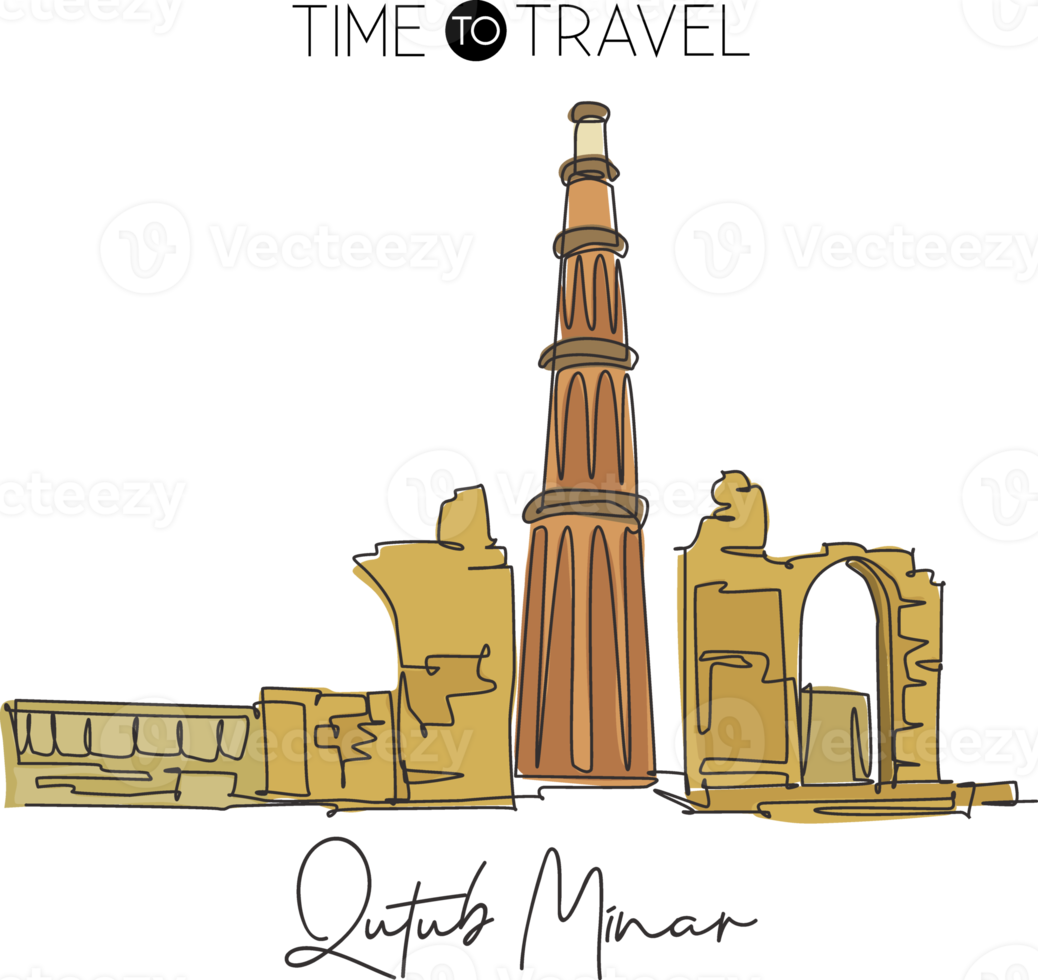 Single continuous line drawing Qutub Minar mosque landmark. Most beautiful famous place in Delhi, India. World travel wall decor poster print concept. Modern one line draw design vector illustration png