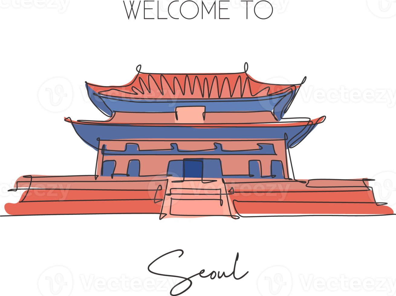 en kontinuerlig linje ritning gyeongbokgung palats landmärke. gammalt forntida slott i Seoul, Sydkorea. semester semester vägg dekor affisch konst koncept. moderna en rad rita design vektorillustration png