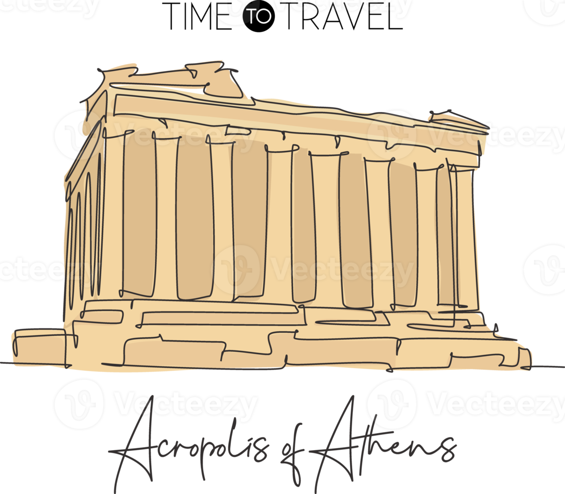 een doorlopende lijntekening acropolis landmark. oud historisch stadsgebouw in Athene, Grieks. vakantie vakantie wand decor art poster print concept. moderne enkele lijn tekenen ontwerp vectorillustratie png