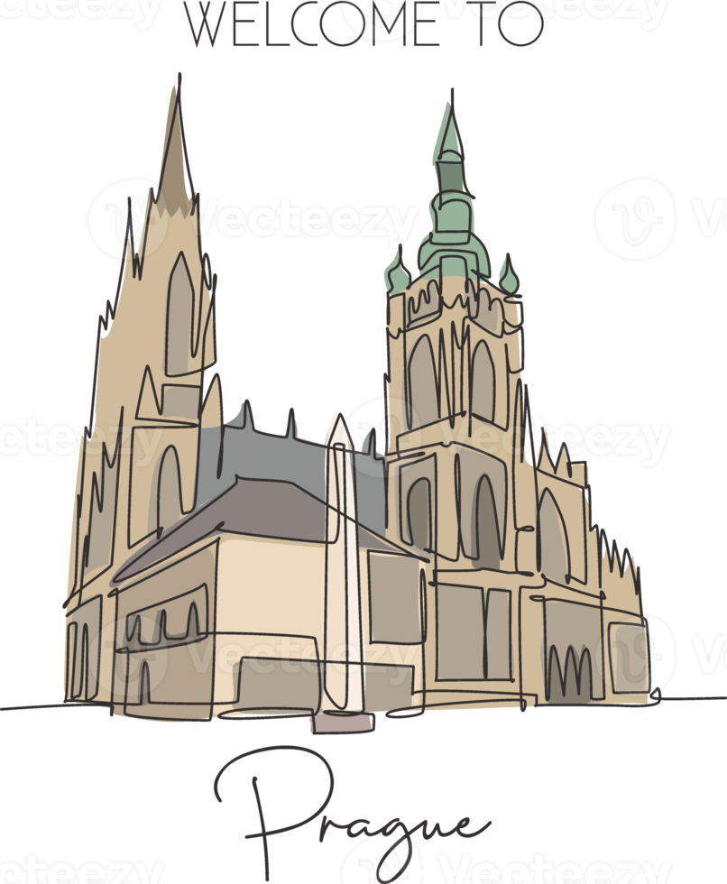 único desenho de linha contínua marco do castelo de praga. antigo castelo do mundo na república checa. conceito de impressão de pôster de decoração de parede para casa de viagem mundial. ilustração vetorial de desenho de desenho de uma linha simples png