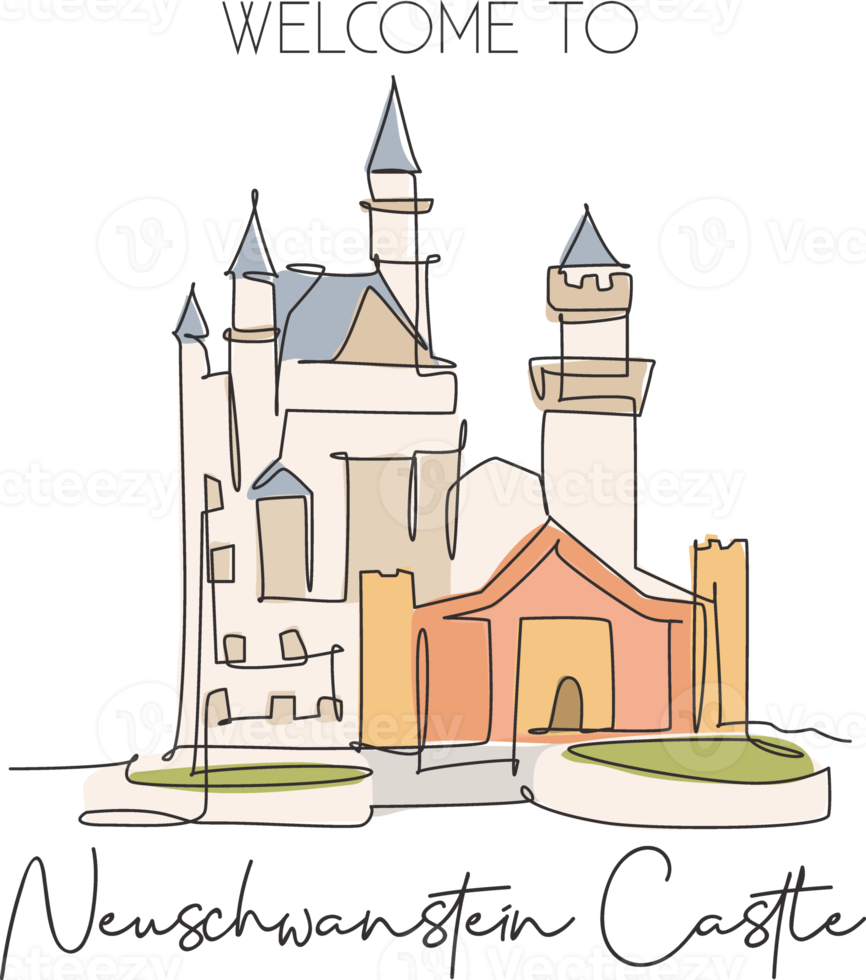 un unico punto di riferimento del castello di Neuschwanstein. famoso in tutto il mondo a hohenschwangau in germania. concetto del manifesto della decorazione della parete della casa della cartolina di viaggio di turismo. illustrazione vettoriale di disegno a linea continua png