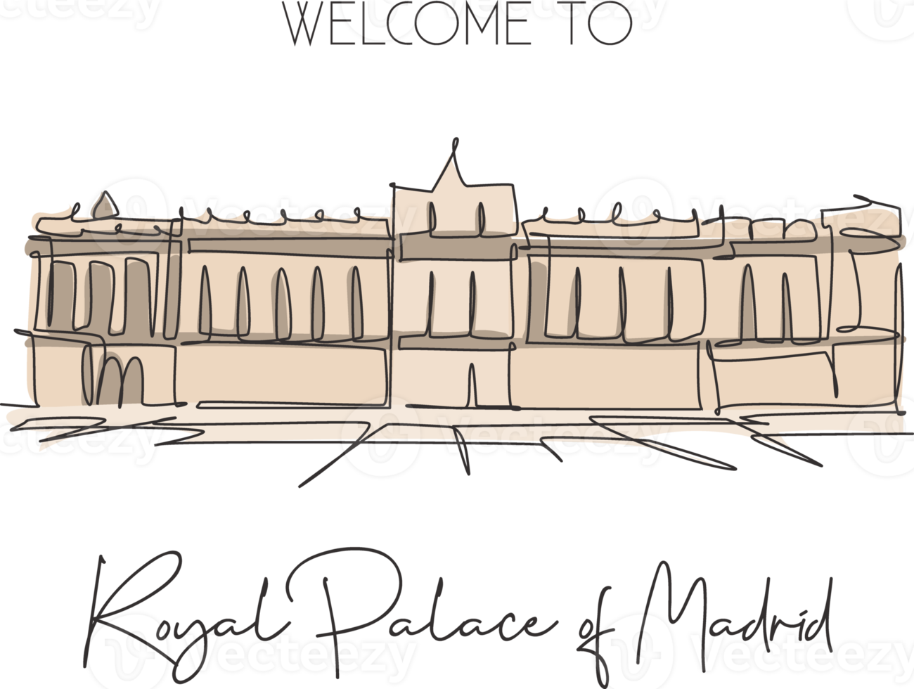Single continuous line drawing Royal Palace of Madrid landmark. Beautiful famous place in Madrid Spain. World travel home wall decor poster art concept. Simple one line draw design vector illustration png