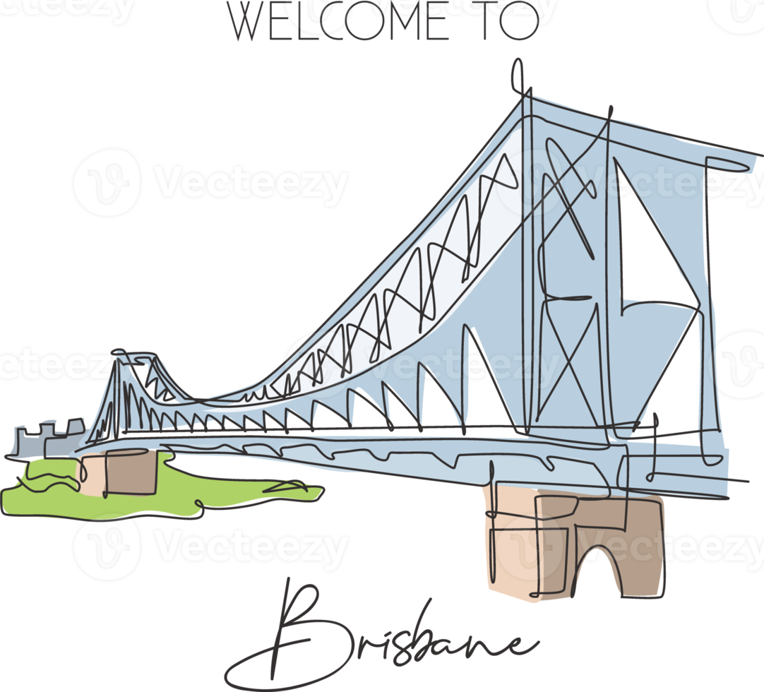 Single continuous line drawing Story Bridge landmark. Beautiful famous place in Brisbane, Australia. World travel home wall decor poster art concept. Modern one line draw design vector illustration png