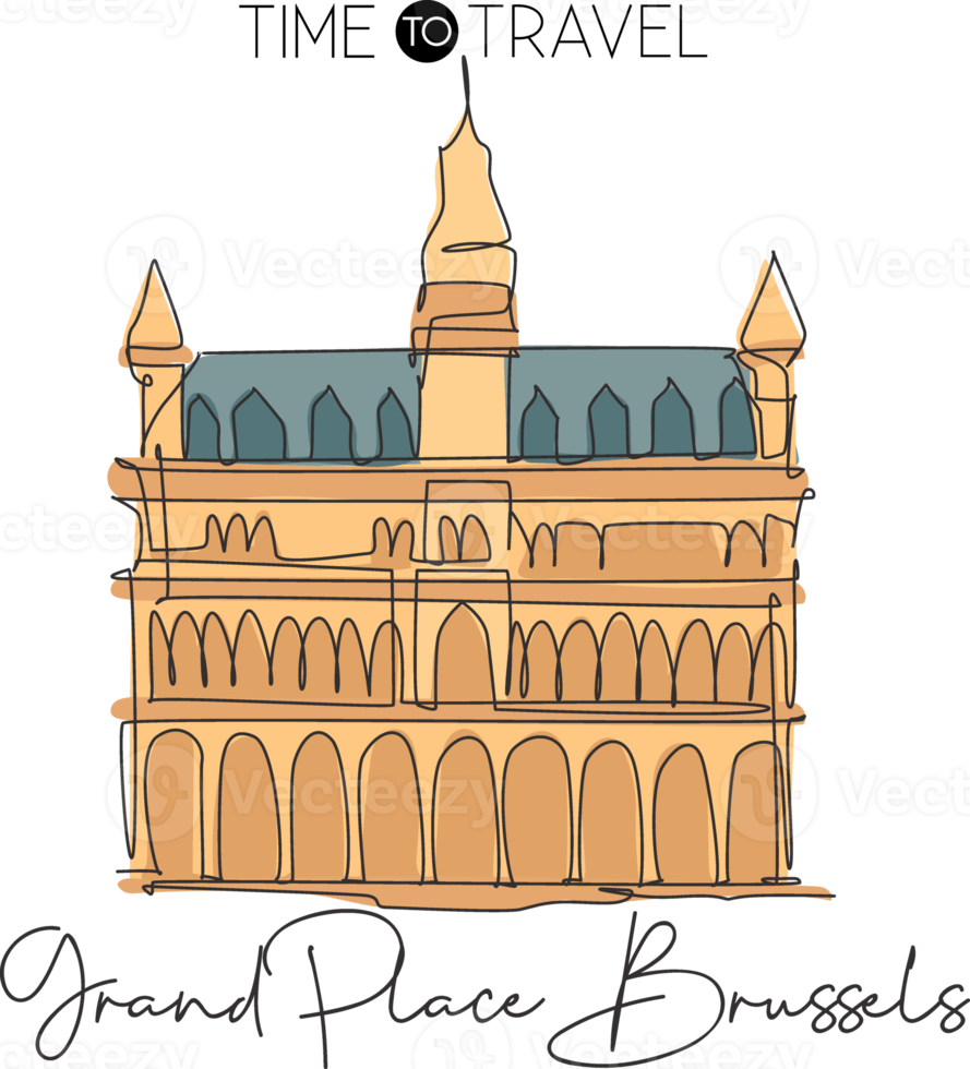 eine einzige strichzeichnung grand place brüssel wahrzeichen. berühmte ikone in belgien. tourismus reise postkarte home wand dekor poster druckkonzept. trendige Design-Vektorillustration mit durchgehender Linie png