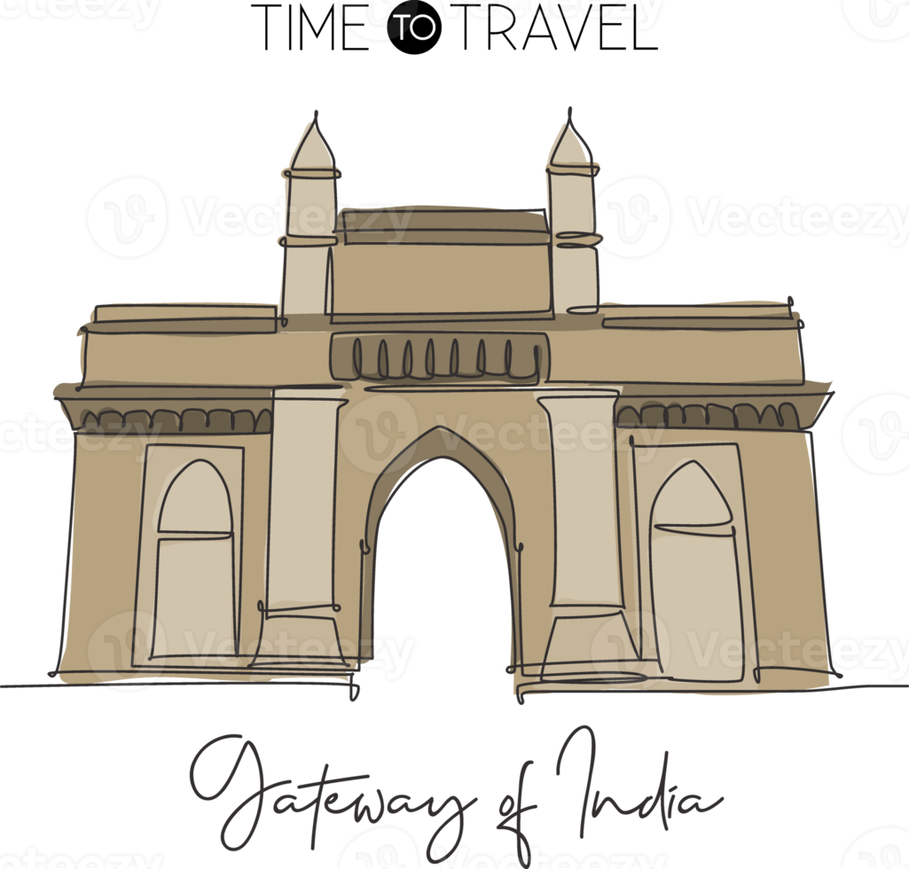 una puerta de entrada de dibujo de línea continua del punto de referencia de la india. monumento en mumbai india. gira de vacaciones y viajes a casa decoración de paredes concepto de impresión de carteles de arte. ilustración de vector de diseño de dibujo de línea única moderna png