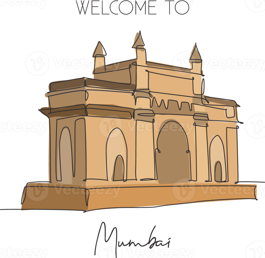 ein Tor mit durchgehender Strichzeichnung von Indiens Wahrzeichen. symbolisches denkmal in mumbai indien. urlaub tour reise wand dekor poster druck kunstkonzept. moderne einzeilige zeichnen-design-vektorillustration png