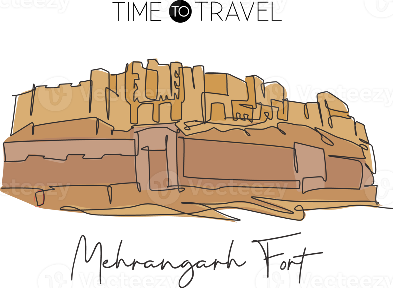 un punto di riferimento del forte di mehrangarh di disegno a linea singola. famoso luogo storico a jodhpur india. concetto di cartolina del poster della decorazione della parete di casa di viaggio di turismo. illustrazione vettoriale moderna di disegno a linea continua png