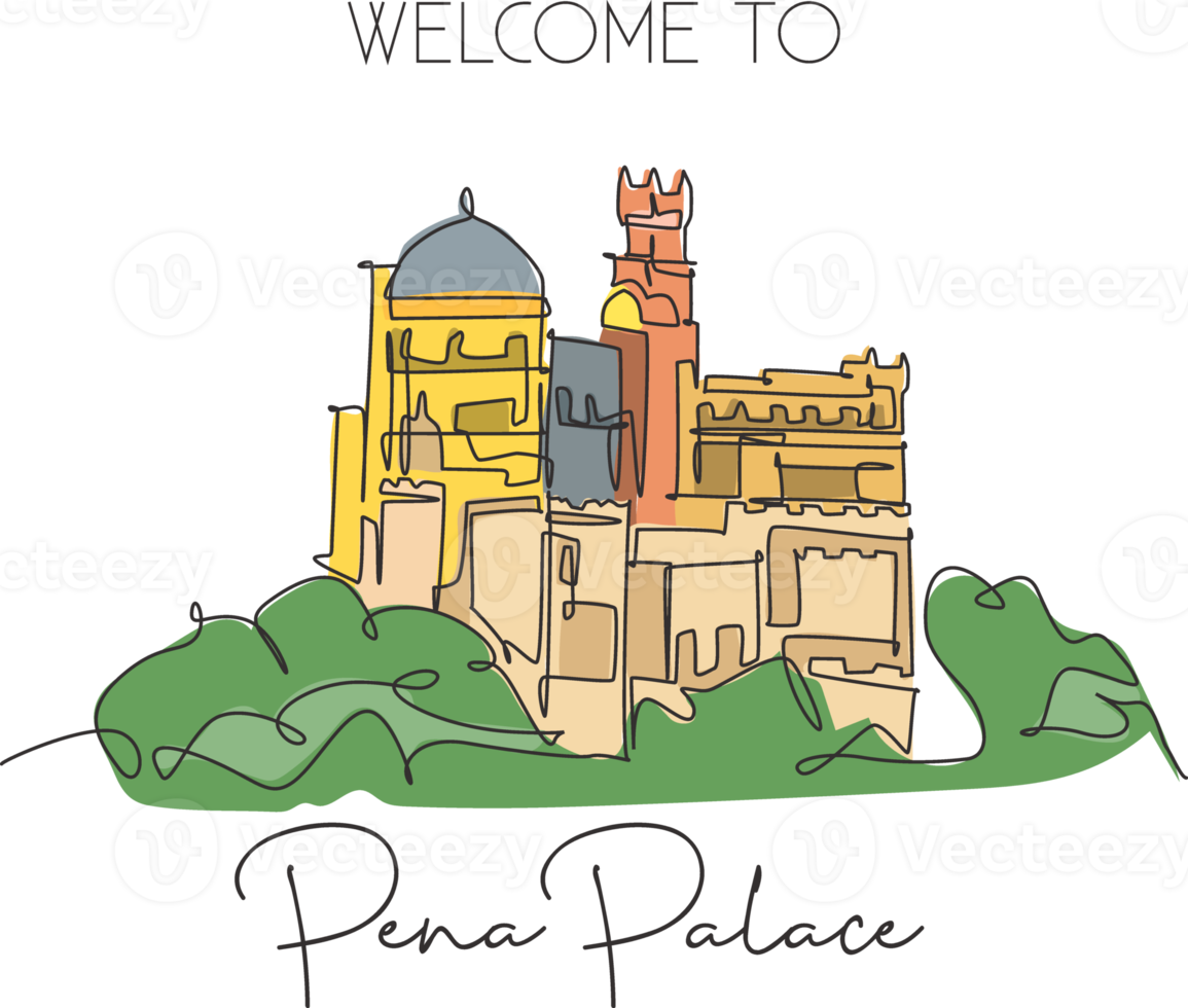 One single line drawing Pena Palace landmark. World famous iconic castle in Sintra, Portugal. Tourism travel home wall decor postcard poster concept. Continuous line draw design vector illustration png