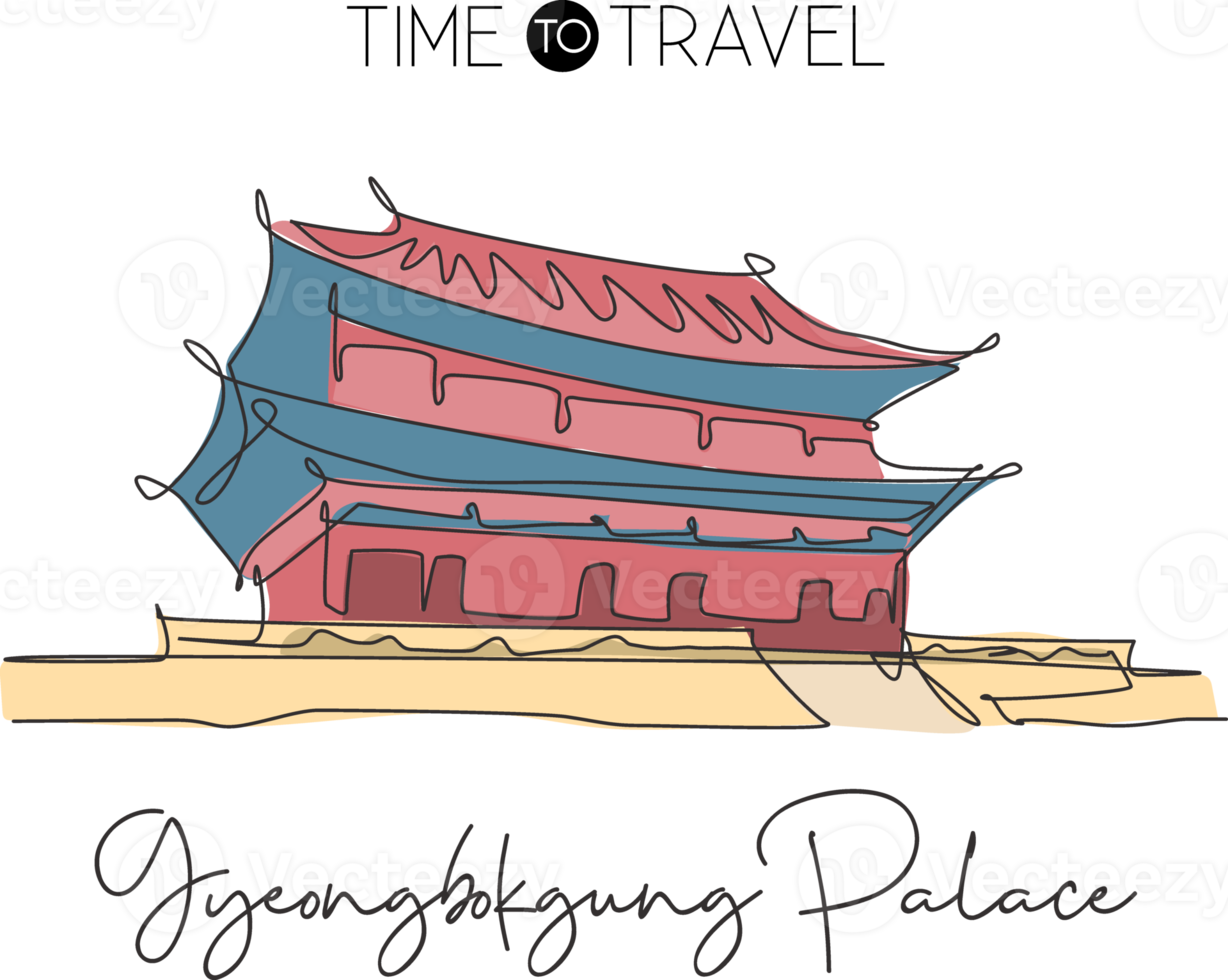 único dibujo de línea continua hito del palacio gyeongbokgung. hermoso lugar famoso en seúl, corea. concepto de impresión de póster de decoración de pared de hogar de viaje mundial. Ilustración de vector de diseño de dibujo de una línea moderna png