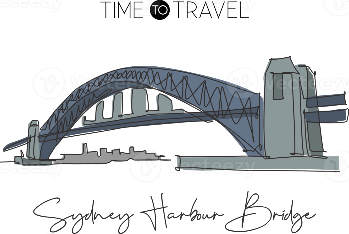 enda kontinuerlig linjeritning sydney harbor bridge landmärke. vacker konstruktion i Australien. världsresor heminredning väggkonst affisch koncept. moderna en rad rita design vektorillustration png