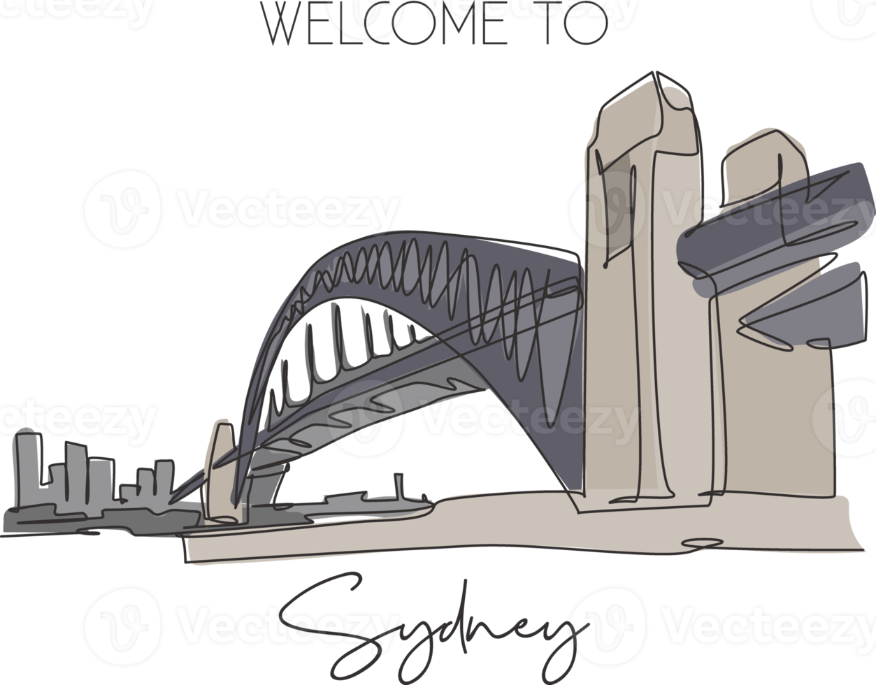 una linea continua che disegna il punto di riferimento del Sydney Harbour Bridge. grande ponte in australia. concetto di stampa del poster della decorazione della parete della casa del turismo delle vacanze di vacanza. illustrazione vettoriale moderna con disegno a linea singola png