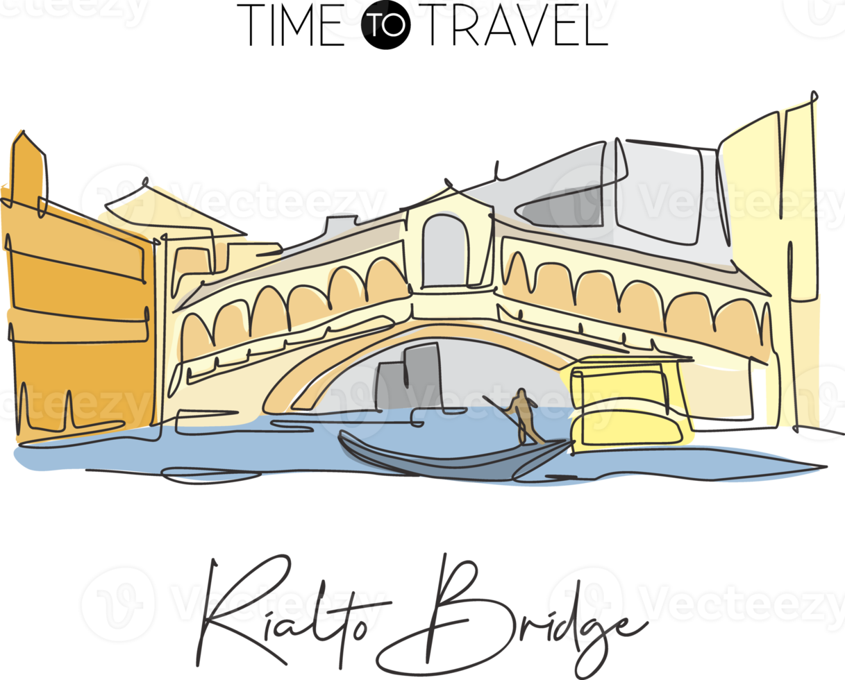 One continuous line drawing Rialto Bridge landmark. Most beautiful romantic place in Venice, Italy. Holiday vacation home wall decor poster concept. Modern single line draw design vector illustration png