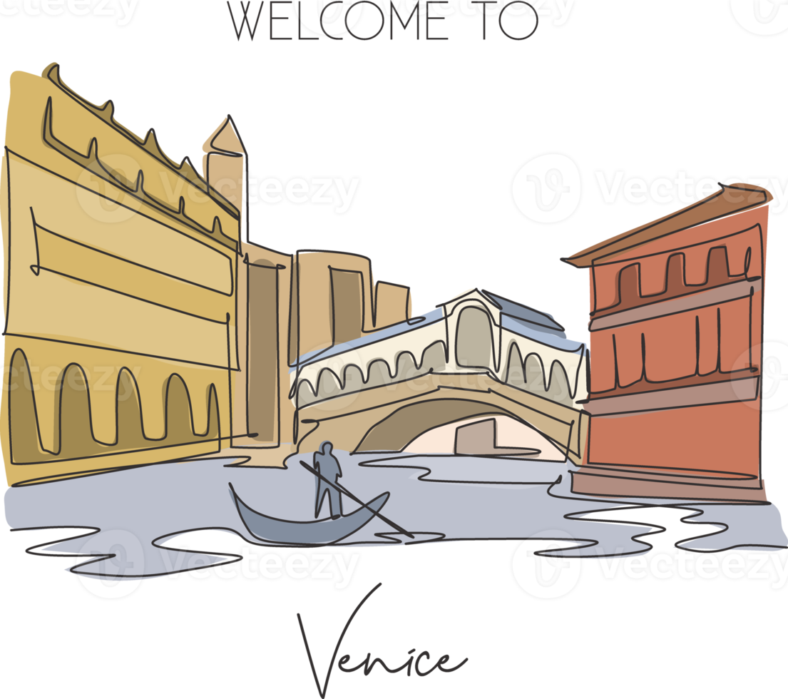 One single line drawing Rialto Bridge landmark. World famous iconic canal in Venice Italy. Tourism travel postcard home wall decor poster print concept. Continuous line draw design vector illustration png