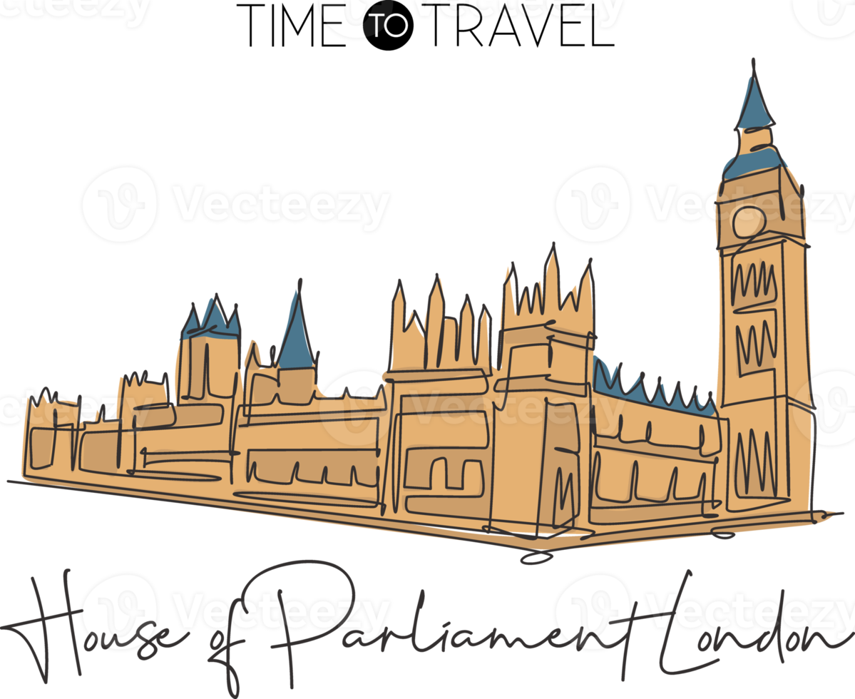 Single continuous line drawing house parliament London landmark. Famous place in England, United Kingdom. World travel home wall decor poster concept. Simple one line draw design vector illustration png