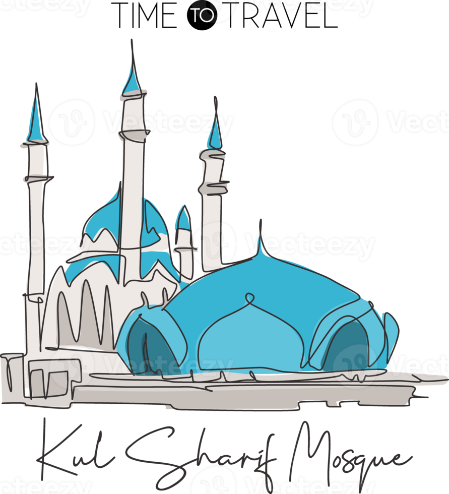 Single continuous line drawing Kul Sharif Mosque landmark. Beautiful famous place in Kazan Russia. World holy place home wall decor poster art concept. Dynamic one line draw design vector illustration png