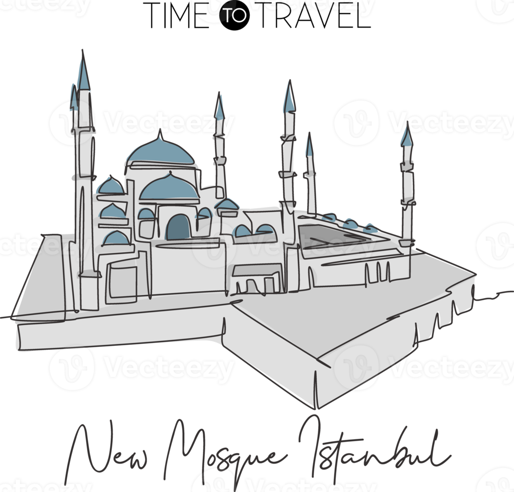 una linea continua che disegna la nuova moschea, punto di riferimento, skyline, masjid, edificio, paesaggio, a, istanbul, turchia. concetto di stampa del poster della decorazione della parete del tour religioso. illustrazione vettoriale alla moda con disegno a linea singola png