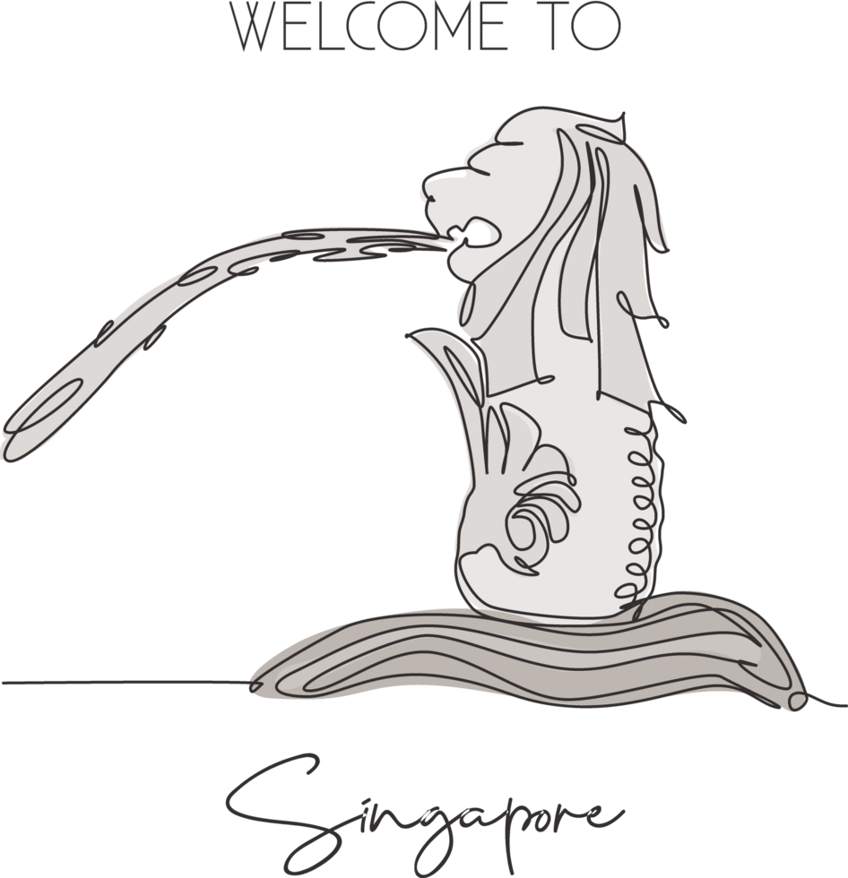 One continuous line drawing Merlion fountain landmark. World iconic place in Singapore. Holiday vacation home wall decor poster art print concept. Vector illustration png