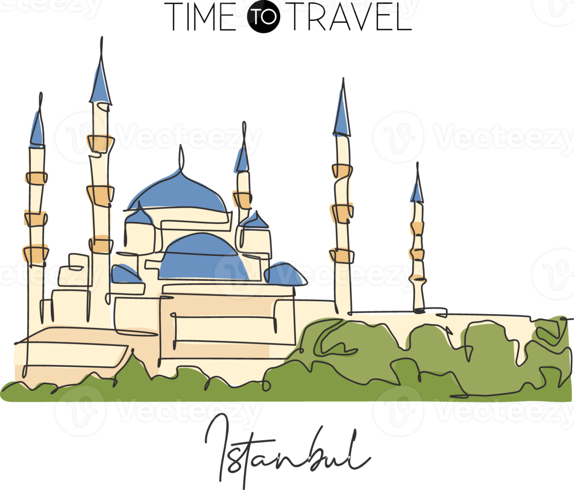 Single continuous line drawing Blue Mosque landmark. Beautiful famous place in Istanbul, Turkey. World travel home art wall decor poster print concept. Modern one line draw design vector illustration png