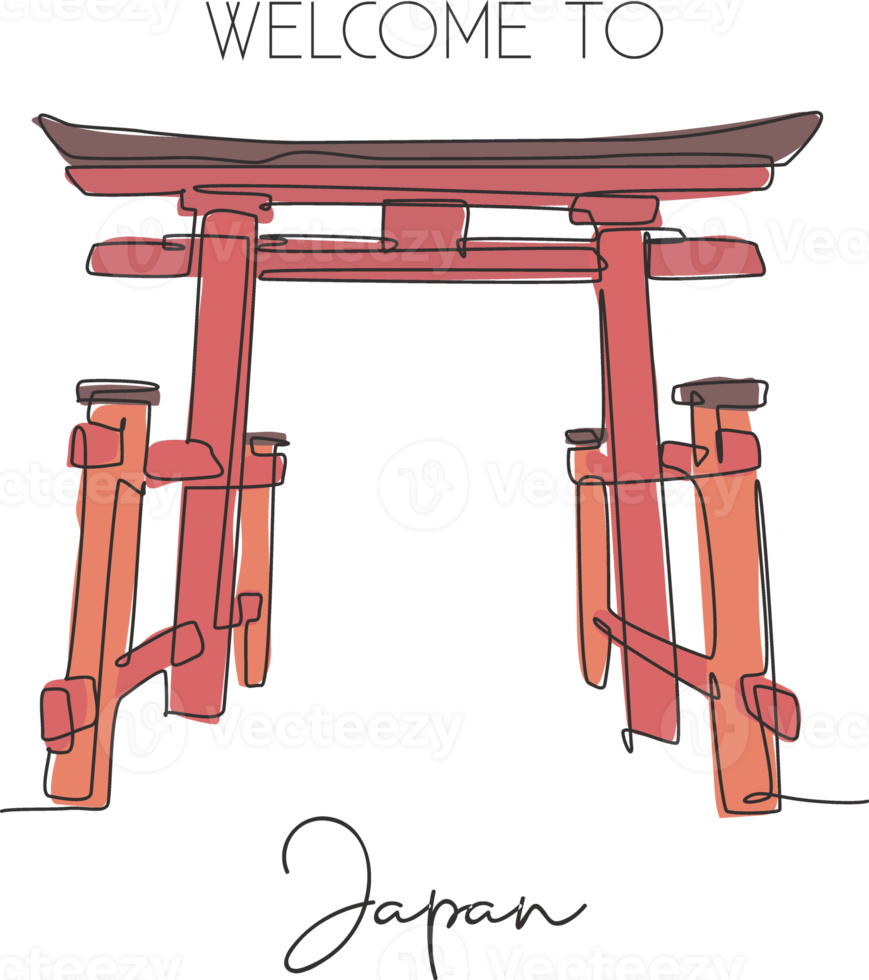 un saluto del punto di riferimento del cancello di torii con un disegno a linea continua. elemento iconico del mondo nella cultura giapponese. concetto di stampa del poster della decorazione della parete per le vacanze di vacanza. illustrazione vettoriale moderna con disegno a linea singola png