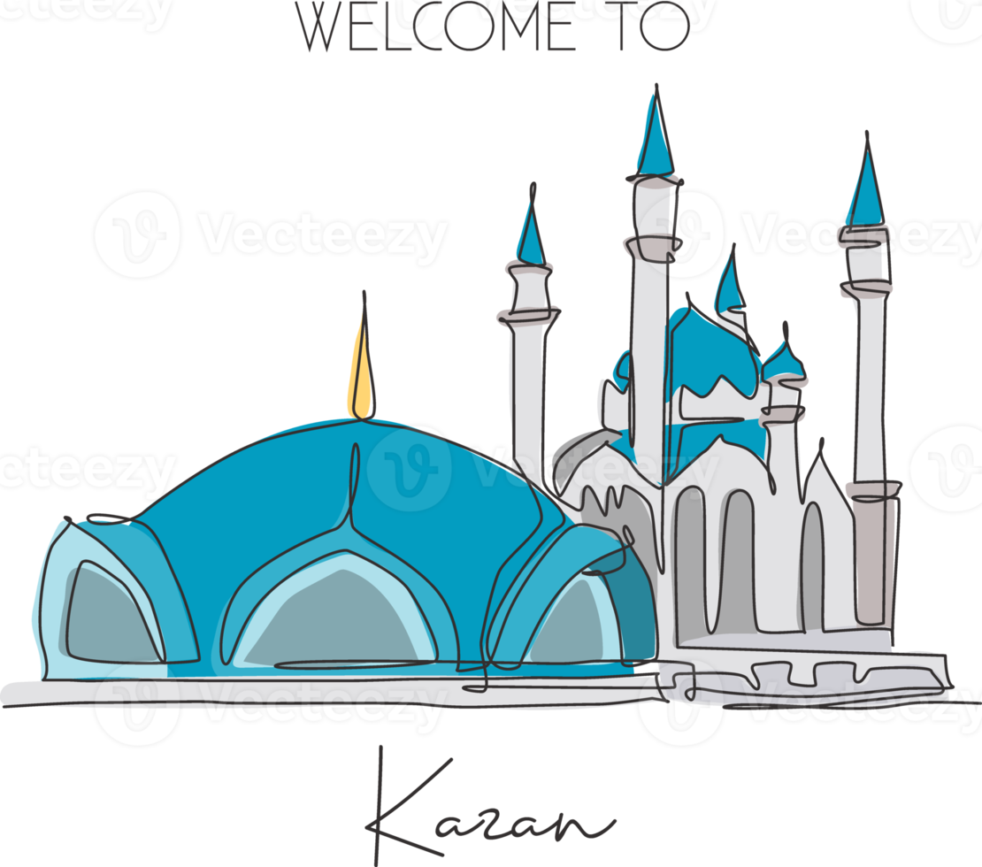 One continuous line drawing Kul Sharif Mosque landmark. Beautiful famous masjid at Kazan Russia. Religious holy place home wall decor poster concept. Trendy single line draw design vector illustration png