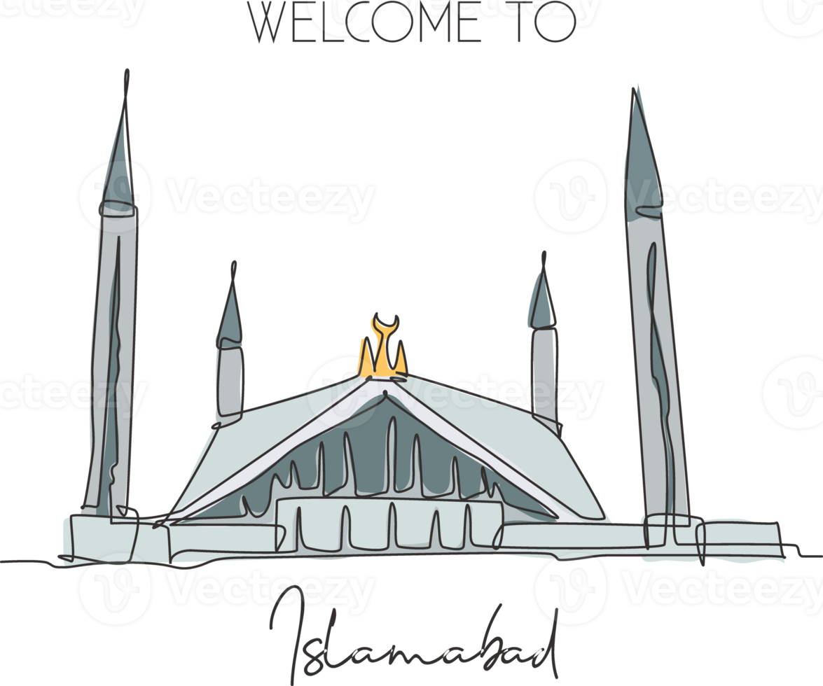 Single continuous line drawing Shah Faisal Mosque landmark. Beautiful famous place in Islambad, Pakistan. World travel home wall decor poster concept. Dynamic one line draw design vector illustration png