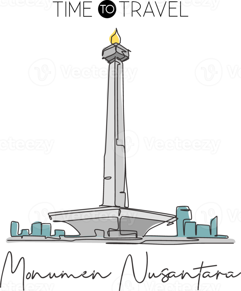 en enda rad ritning Monas landmärke. ikonisk plats i Jakarta, Indonesien. turism resor vykort väggdekor hem konst affisch print koncept. vektor illustration png