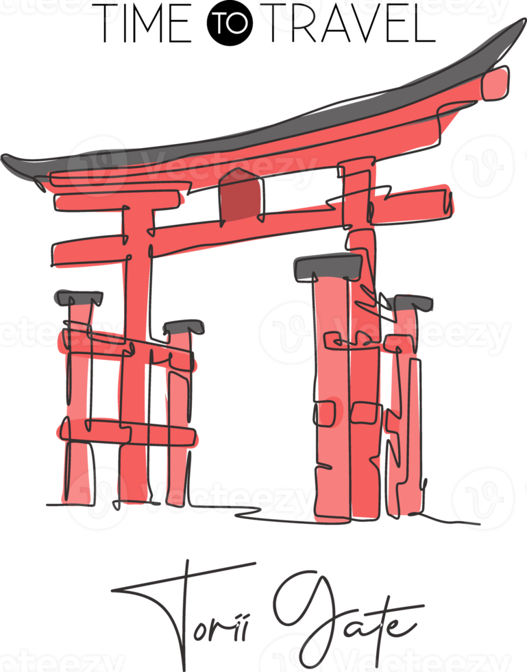 One single line drawing Torii Gate landmark. World famous iconic marks in Japan culture. Tourism travel postcard wall decor poster print concept. Modern continuous line draw design vector illustration png