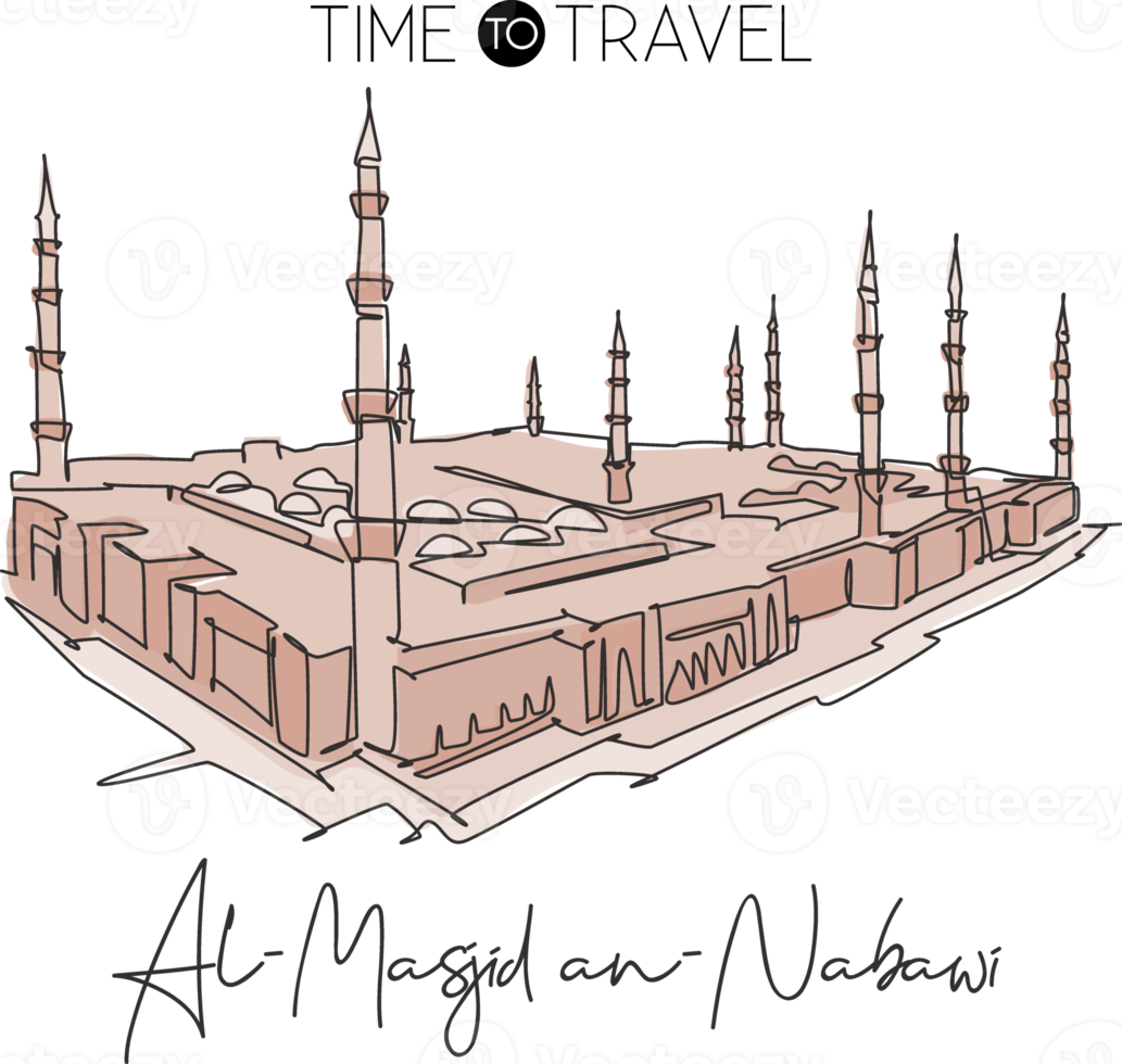 One continuous line drawing Masjidil An Nabawi landmark. Holy masjid at Medina Saudi Arabia. Religious hajj and umrah pray place concept. Wall decor poster. Single line draw design vector illustration png