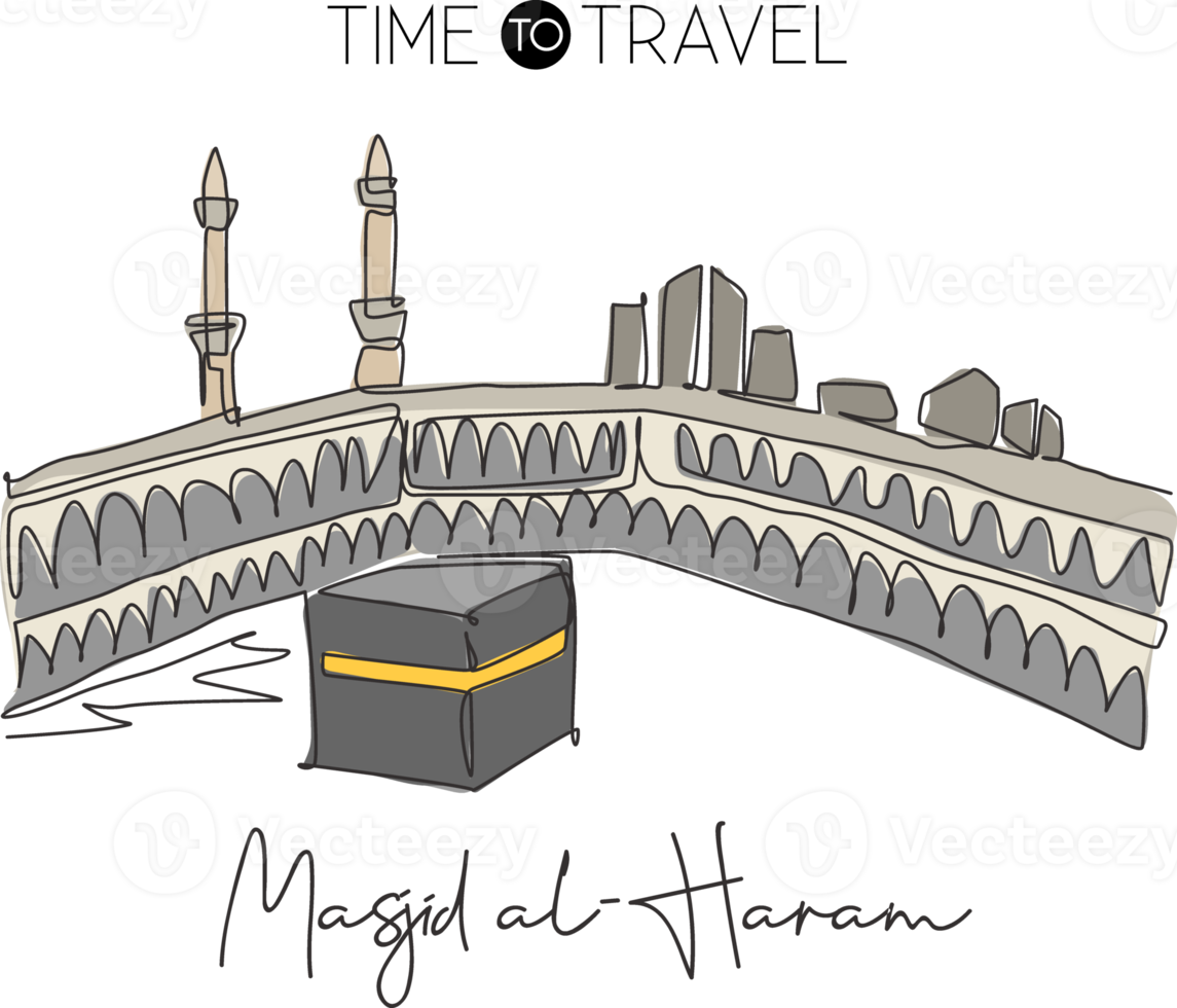 une seule ligne dessinant le point de repère de masjid el haram. iconique de renommée mondiale à la mecque, en arabie saoudite. religieux hajj umrah concept décoration murale impression art. illustration vectorielle de dessin de ligne continue moderne png