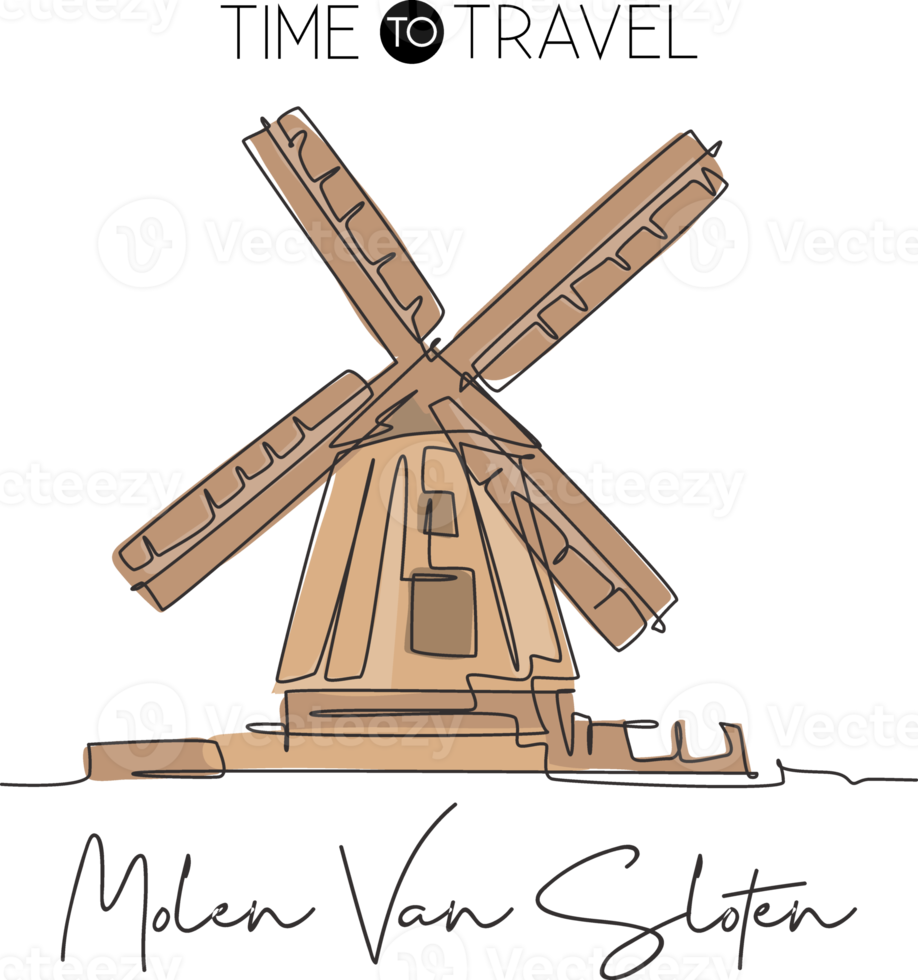 en enda rad ritning av gooyer väderkvarn landmärke. världsberömd plats i Nederländerna. turism resor vykort vägg dekor affisch print koncept. modern kontinuerlig linje rita design vektorillustration png