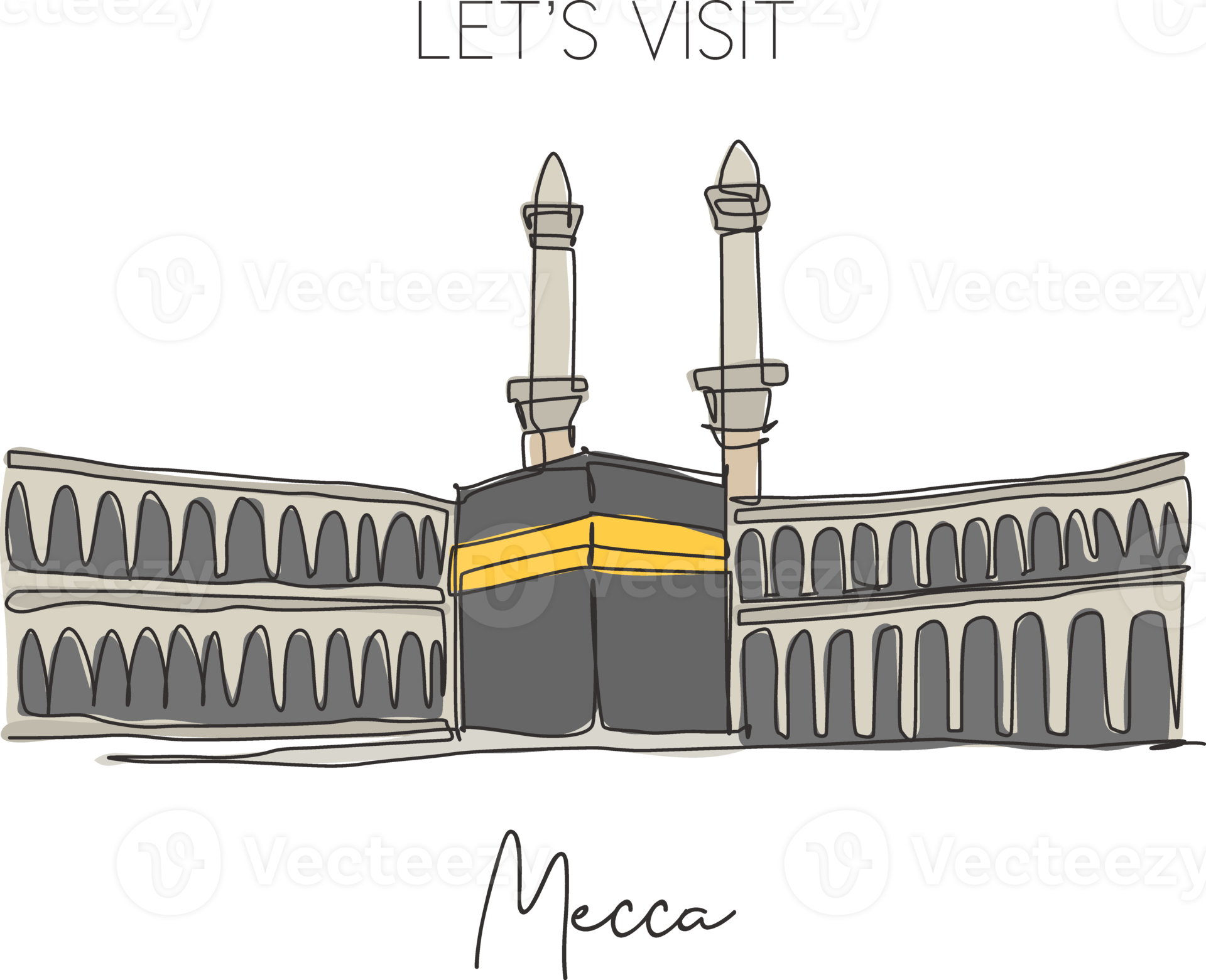 Single continuous line drawing Masjidil Haram landmark. Most holy place