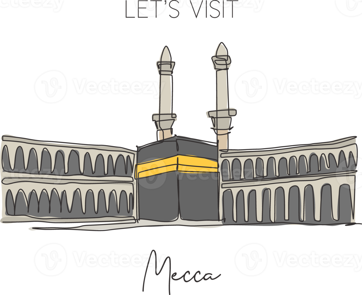 einzelne durchgehende strichzeichnung masjidil haram wahrzeichen. der heiligste ort in mekka, saudi-arabien. religiöses Hadsch- und Umrah-Reisewanddekor-Kunstkonzept. dynamische einzeilige zeichnen-design-vektorillustration png