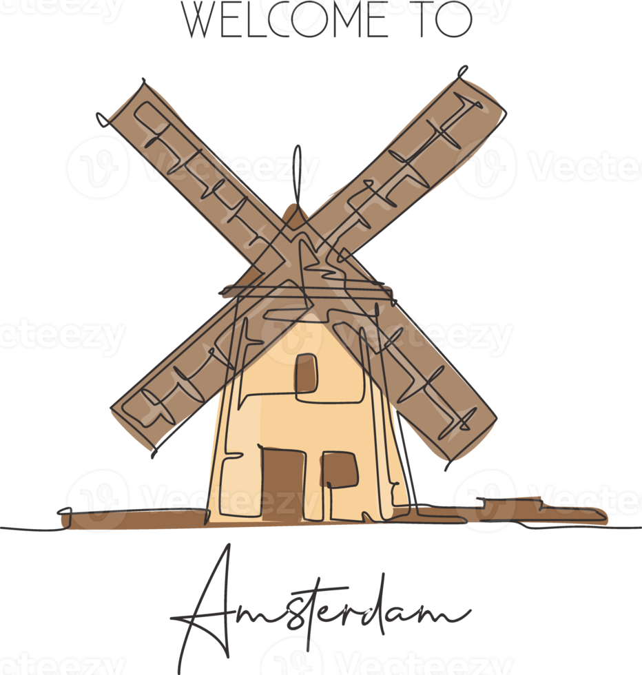 único desenho de linha contínua molen de adriaan windmill marco. beleza lugar famoso na holanda. conceito de cartaz de arte de parede de decoração para casa de viagens pelo mundo. ilustração em vetor design de desenho de uma linha moderna png