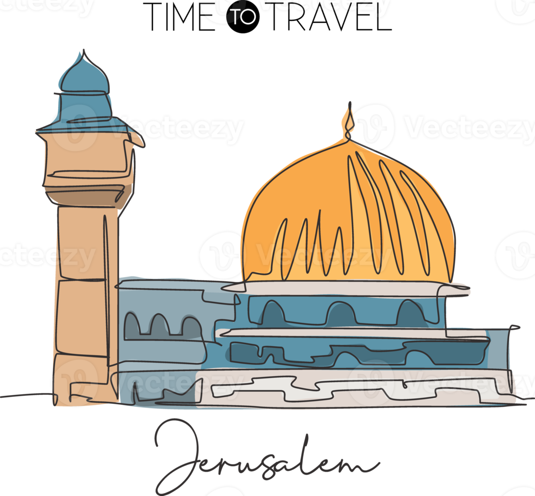 une seule ligne dessinant le point de repère de la mosquée al aqsa. célèbre emblématique de Jérusalem. concept d'impression d'affiche de décoration murale de carte postale de voyage religieux de tourisme. illustration vectorielle de dessin de ligne continue moderne png