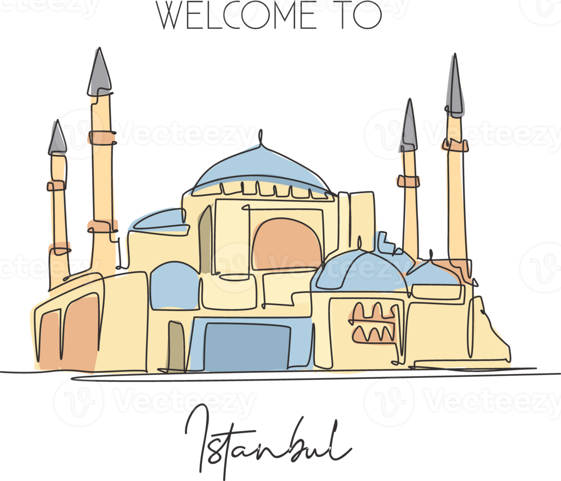 um único desenho de linha hagia sophia ou museu aya sofia. lugar mundialmente famoso na turquia. conceito de cartão postal de impressão de cartaz de decoração de parede de viagens de turismo. ilustração em vetor design de desenho de linha contínua moderna png