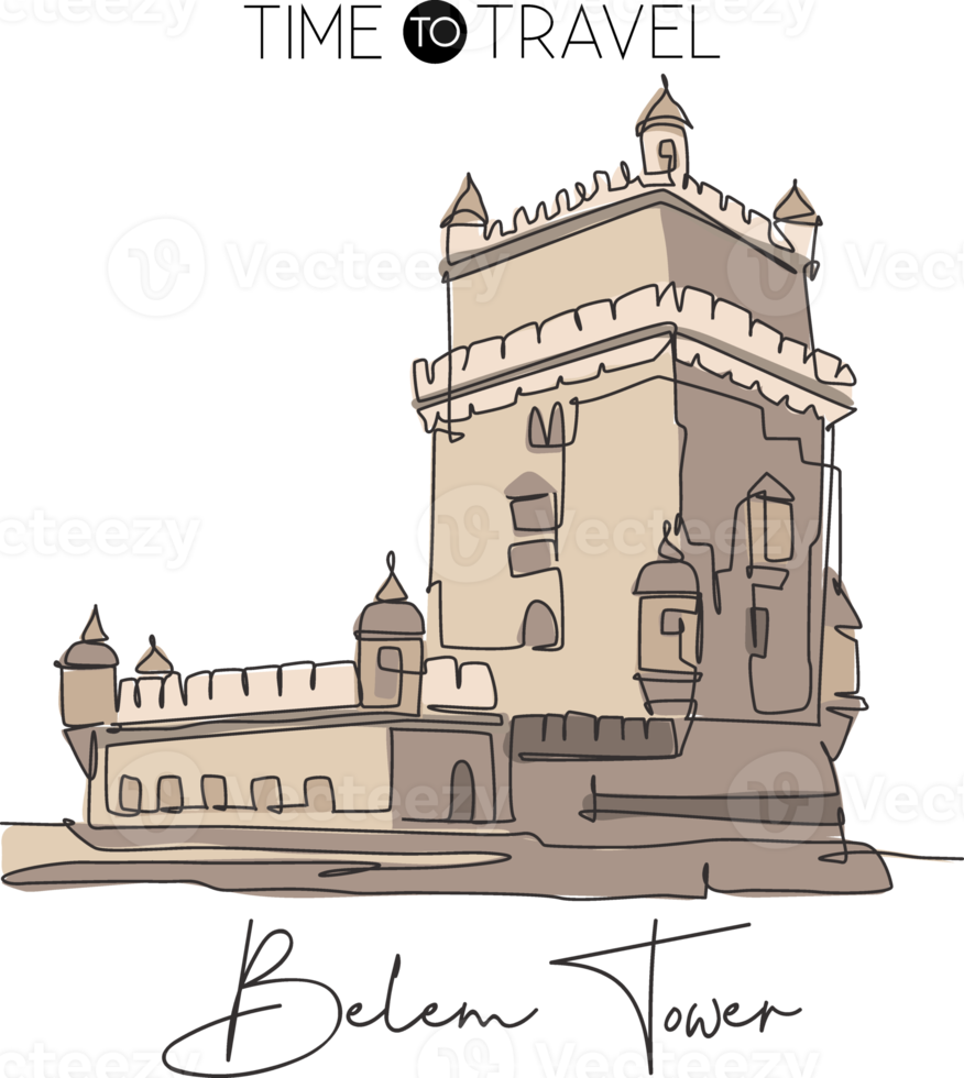 One single line drawing Belem Tower landmark. World famous iconic place in Lisbon, Portugal. Tourism travel postcard home wall decor art concept. Modern continuous line draw design vector illustration png