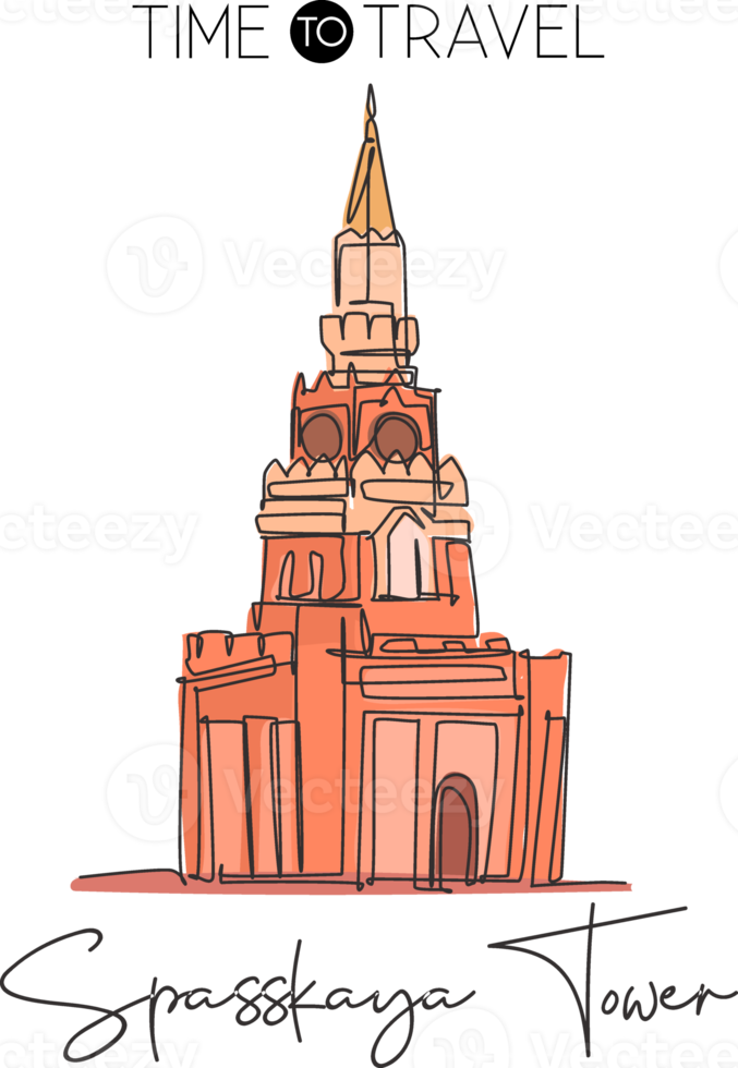 en kontinuerlig linje ritning spasskaya torn landmärke. världsikonisk plats i Moskva Ryssland. semester semester väggdekor hem konst affisch print koncept. moderna en rad rita design vektorillustration png